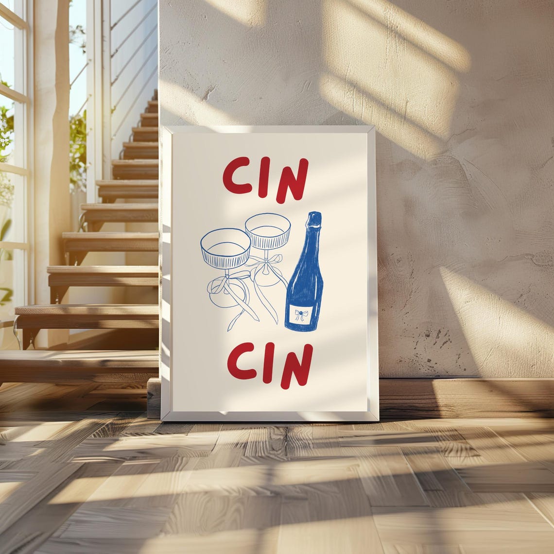 Cin Cin Wine Bow Coupe Glasses Blue Bottle Kitchen Bar Poster - Image 2