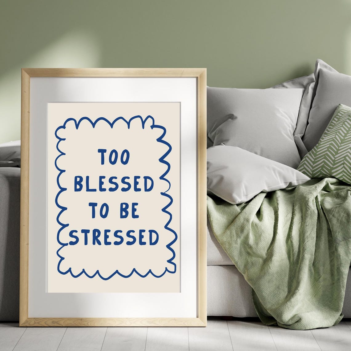 Too Blessed to Be Stressed Navy Blue Fun Wavy Dorm Quote Poster - Image 4