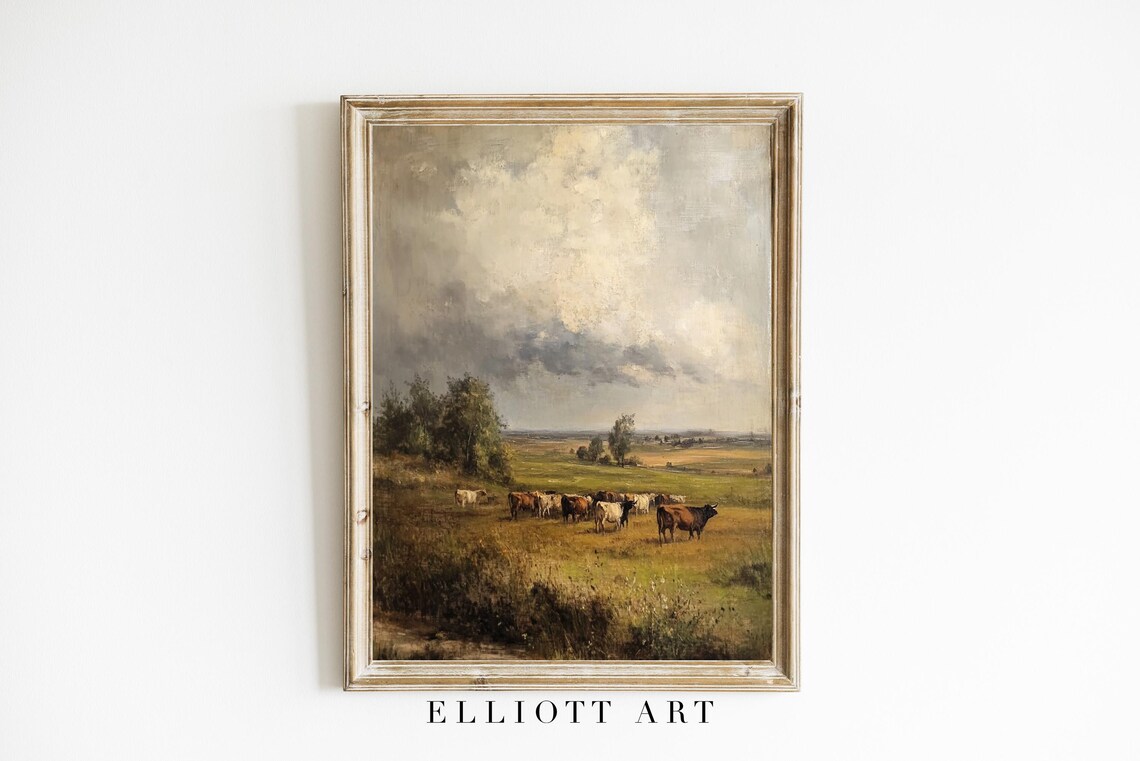 Vintage Rural Farmhouse Cow Landscape Art Print