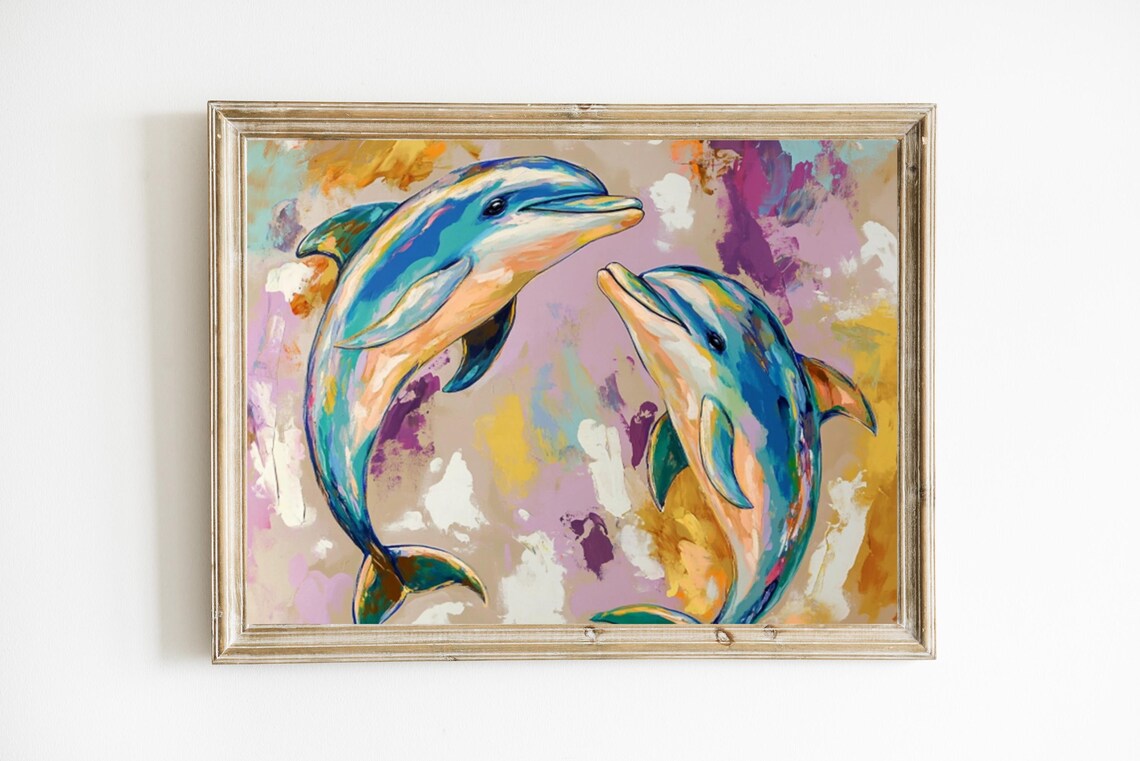 Two Dancing Dolphins Vivid Purple Abstract Ocean Swirl Print