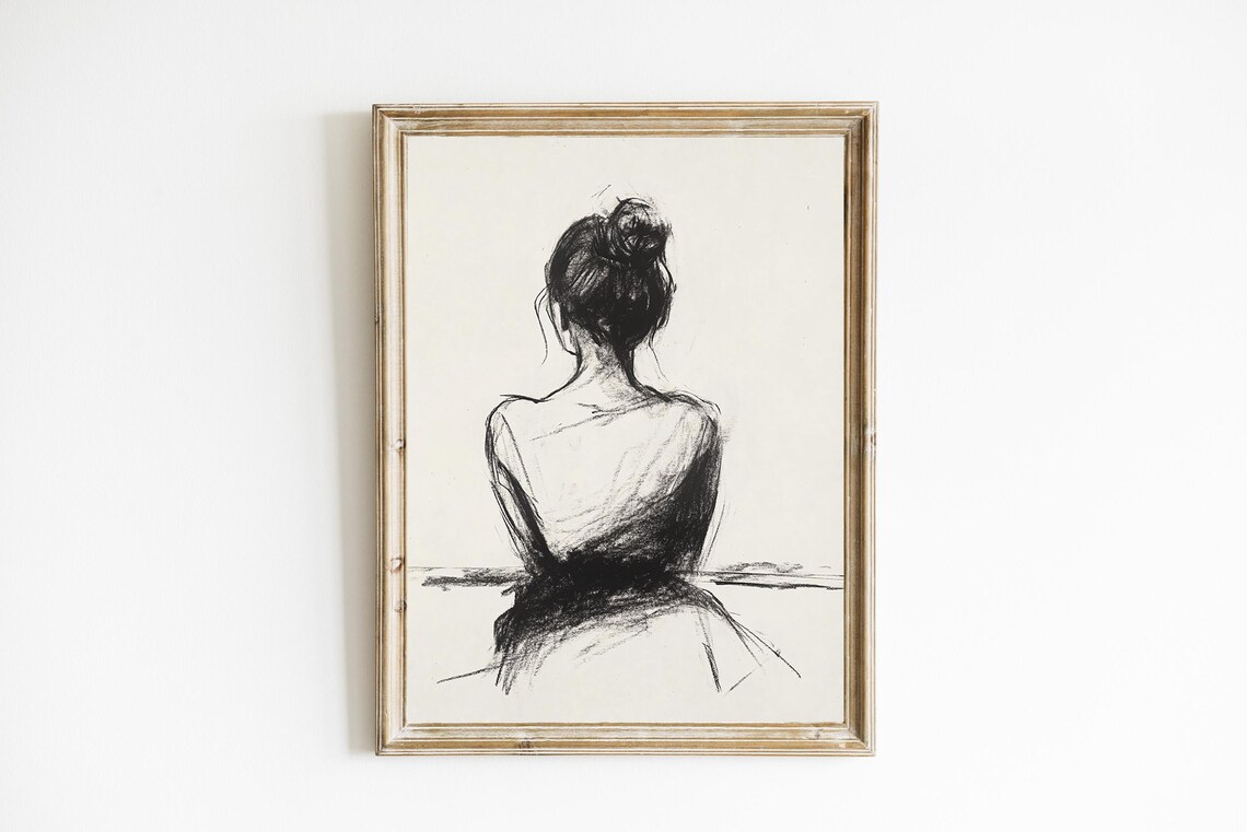 Vintage Sketch Of A Woman Line Art Print, Farmhouse