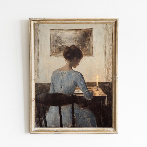 Woman Writing by Candlelight Vintage Oil Painting Moody Classic Poster