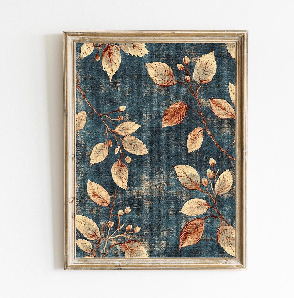 Golden Leaves on Teal Blue Vintage Textile Tapestry Decor Print