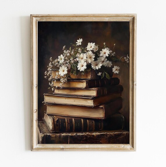 Dark Academia Antique Books Stack White Cosmos Flower Poster