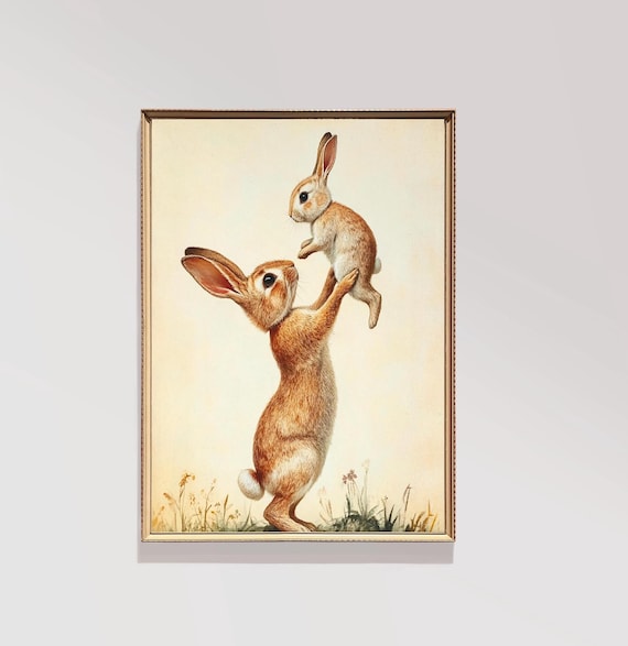 Father Rabbit Lifting Baby Print Nursery Wall Art Childs Room Vintage Decor E134