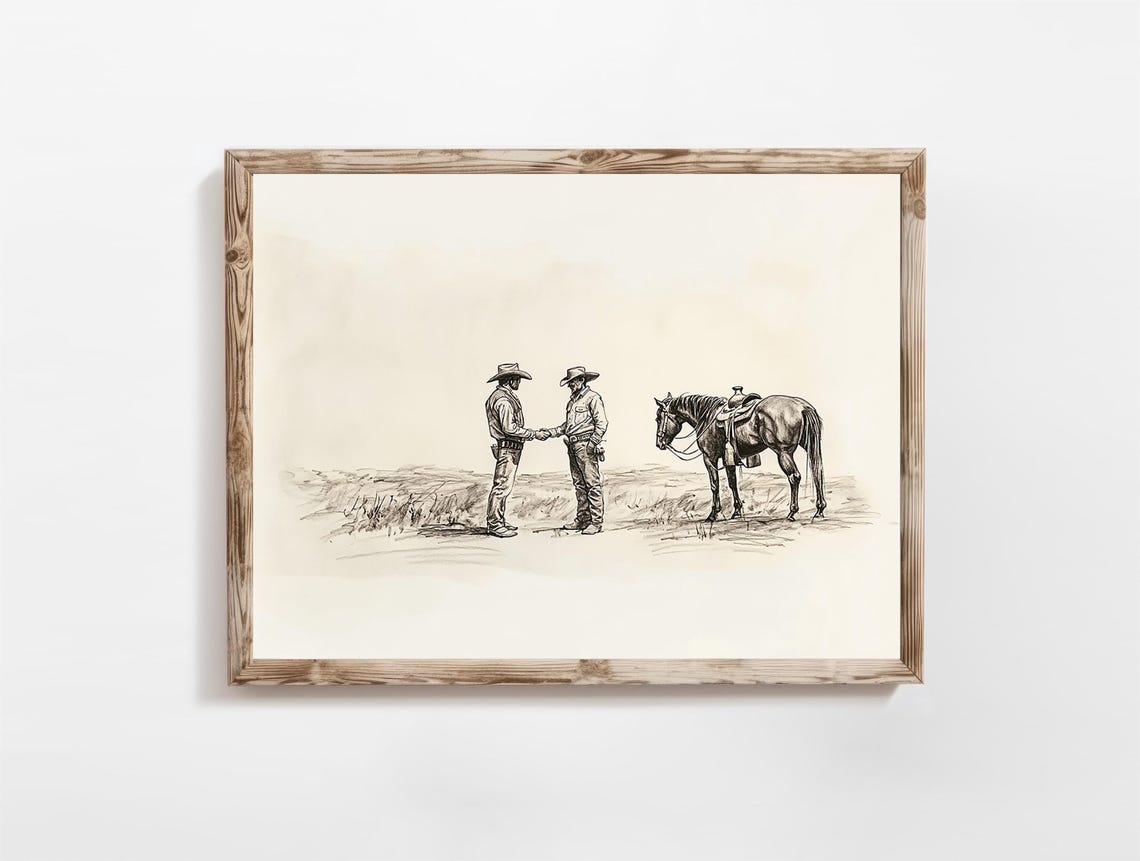 Cowboys Shaking Hands on the Prairie Western Sketch Poster Wall Decor