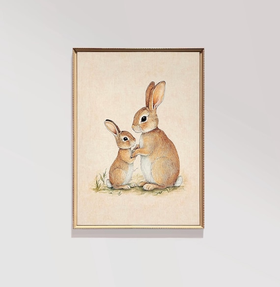 Mother And Baby Rabbit Nursery Vintage Art Print