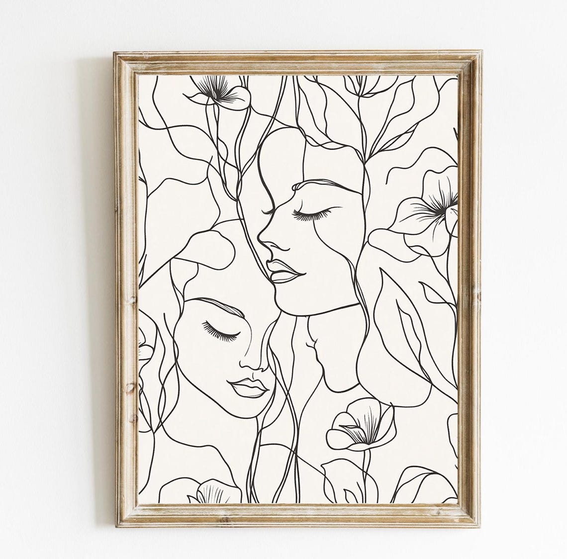 Bohemian Faces One Line Art Floral Print in Neutral Minimal Style