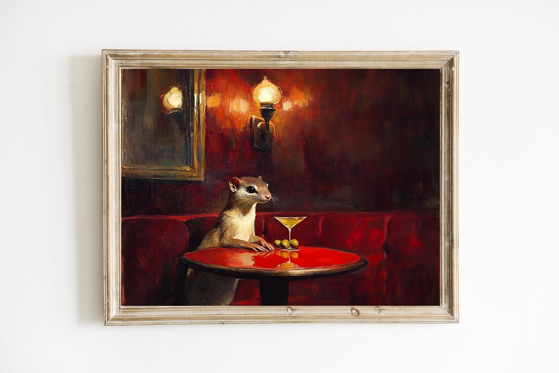 Weasel Sipping Martini in Moody Red Bar Whimsical Animal Wall Art
