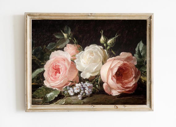 Vintage Floral Print Moody Still Life Dark Academia Botanical Painting Pink Roses E487