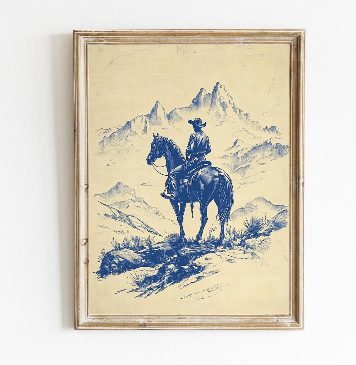 Chinoiserie Western Blue Cowboy Horse Poster