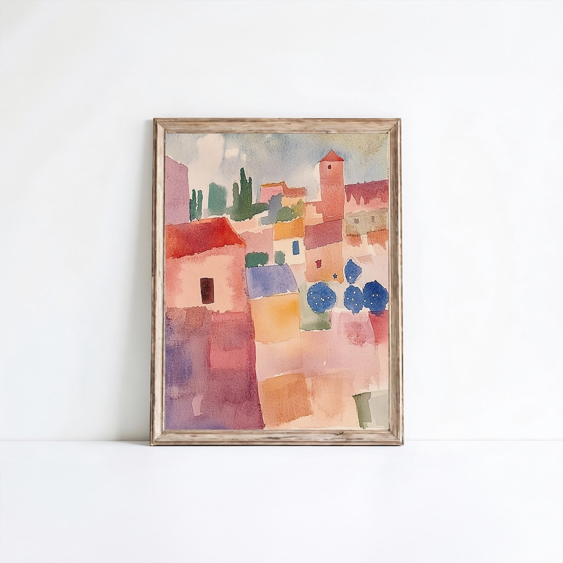 Abstract Watercolor Mediterranean Village with Terracotta Rooftops Print