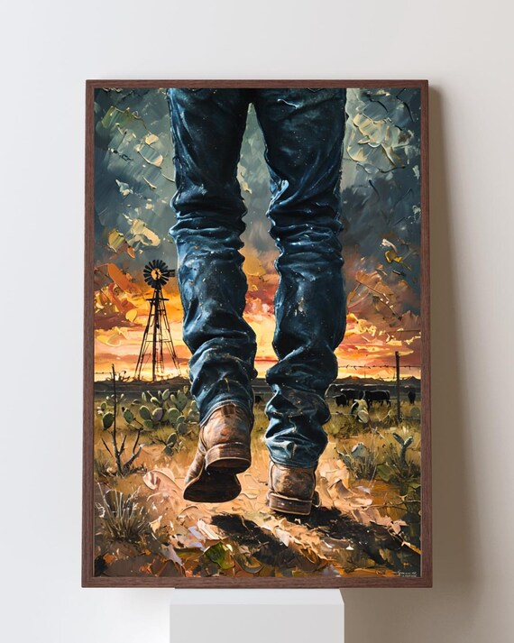 Cowboy Boots Walking a Texas Ranch Trail at Sunset Impasto Poster