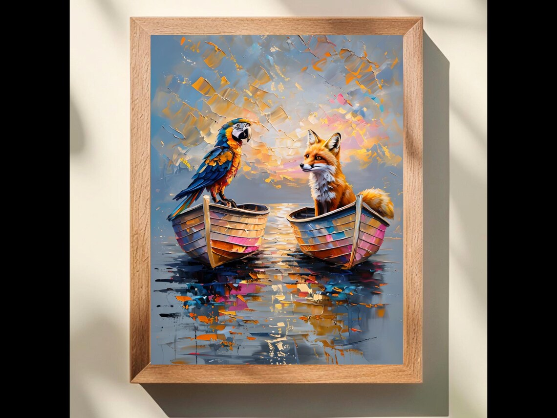 Macaw And Fox Nursery Print Whimsical Animal Boat Scene