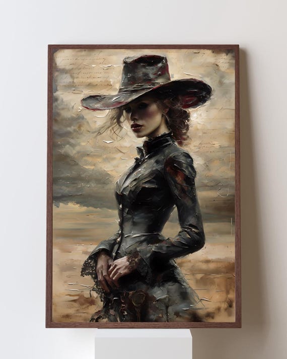 Dark Cowgirl Print Western Gothic Wall Art Vintage Victorian Gunslinger Portrait Moody Feminine Strength Decor Impasto Painting