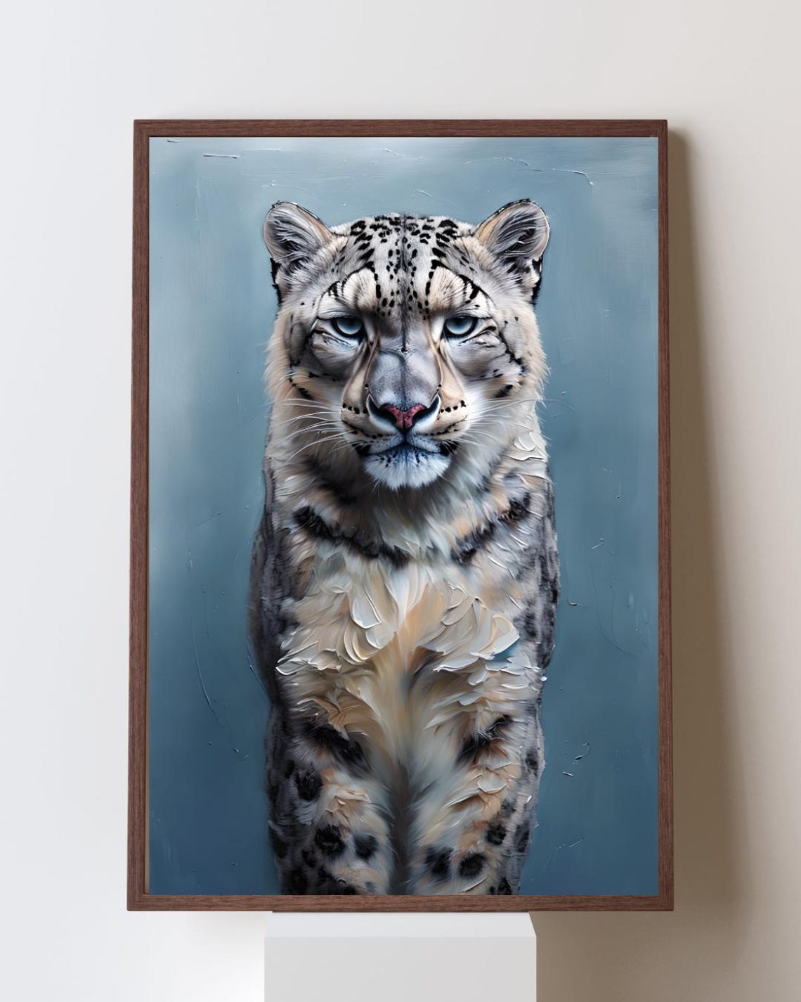 Snow Leopard Portrait with Piercing Blue Eyes in Thick Impasto Poster