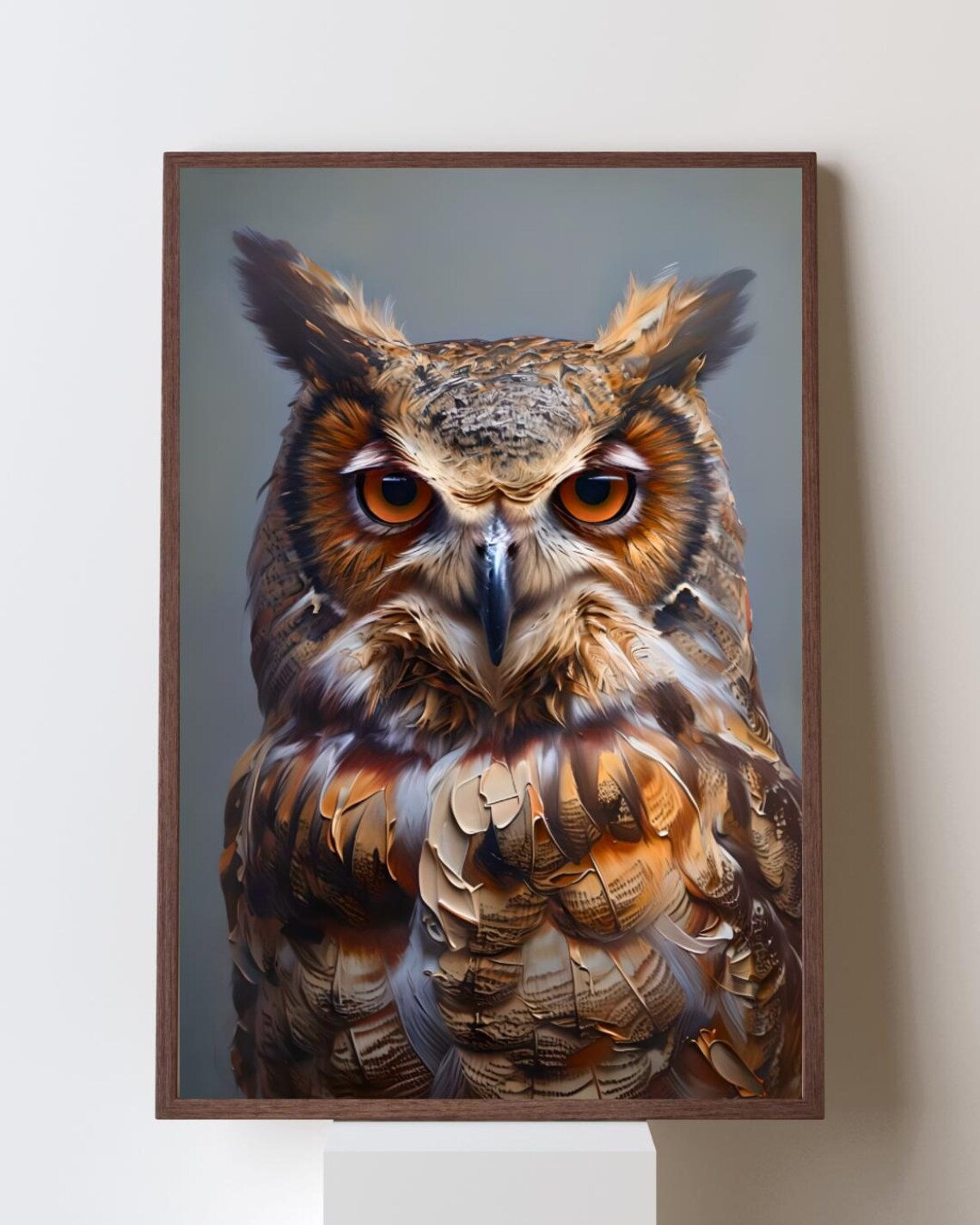 Great Horned Owl Close-Up Portrait Impasto Style Wildlife Wall Art
