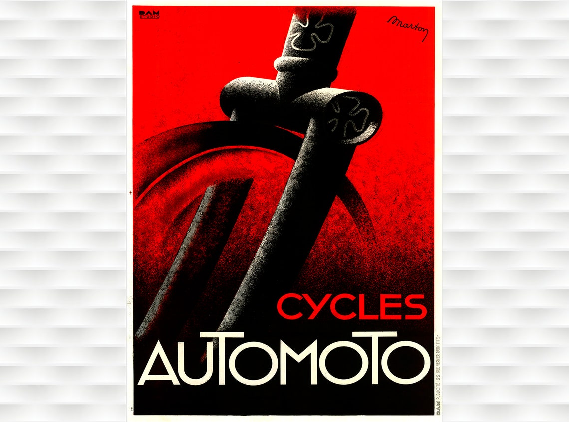 Cycles Automoto Art Deco Bicycle Fork Bold Red Black French Poster