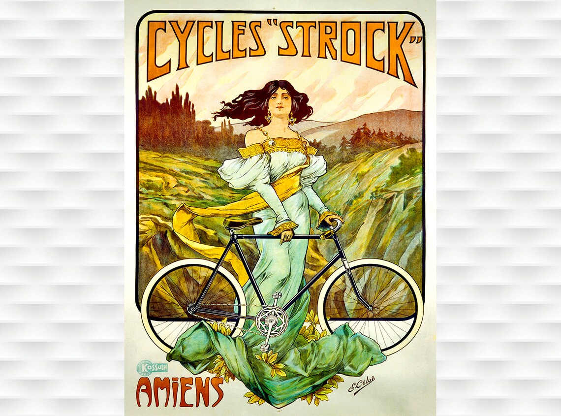 Cycles Strock Art Nouveau Woman Bicycle Amiens Vintage French Poster