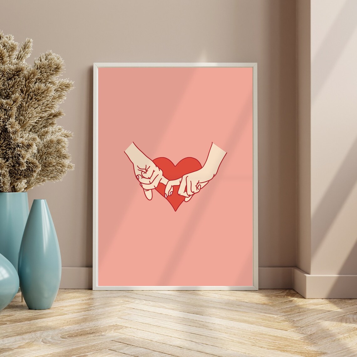 Lovers Pinky Promise Hands Red Heart Coral Romantic Love Poster