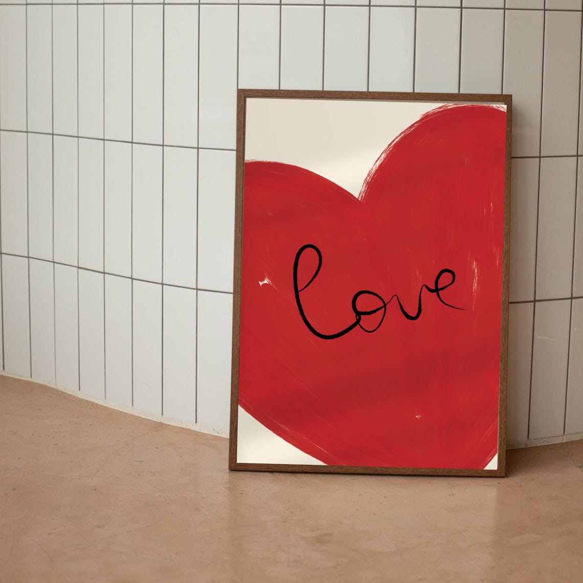 Love Script Red Heart Brushstroke Romantic Valentines Art Poster
