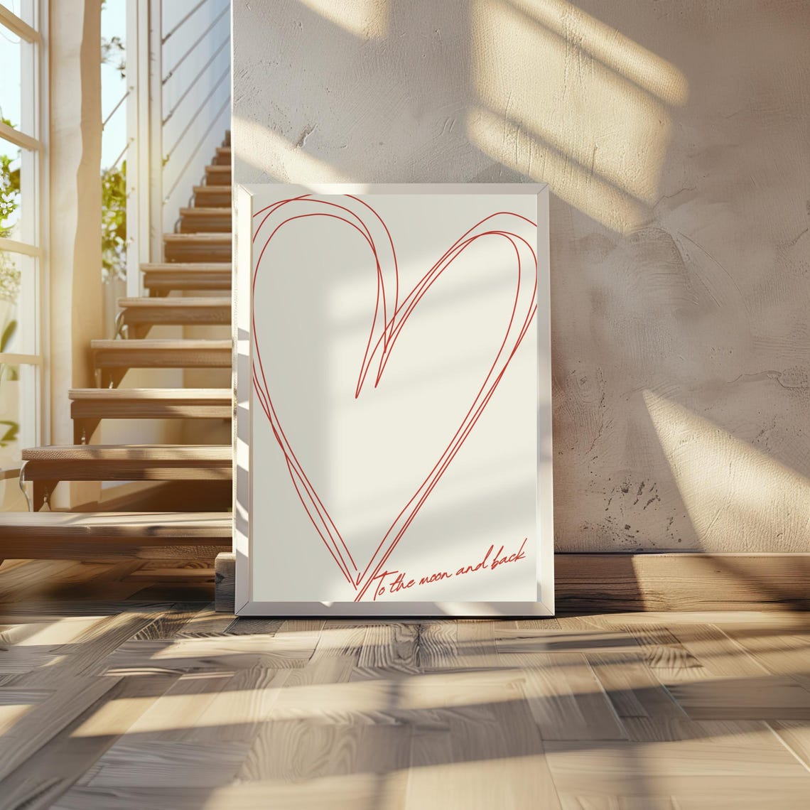 To the Moon and Back Red Line Heart Romantic Script Art Poster