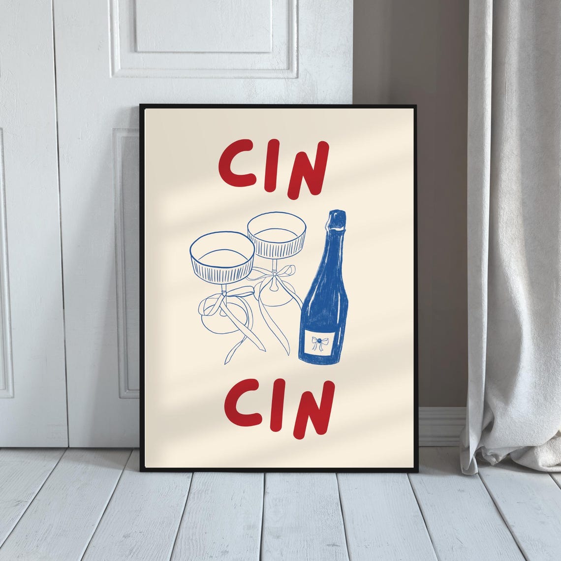 Cin Cin Wine Bow Coupe Glasses Blue Bottle Kitchen Bar Poster