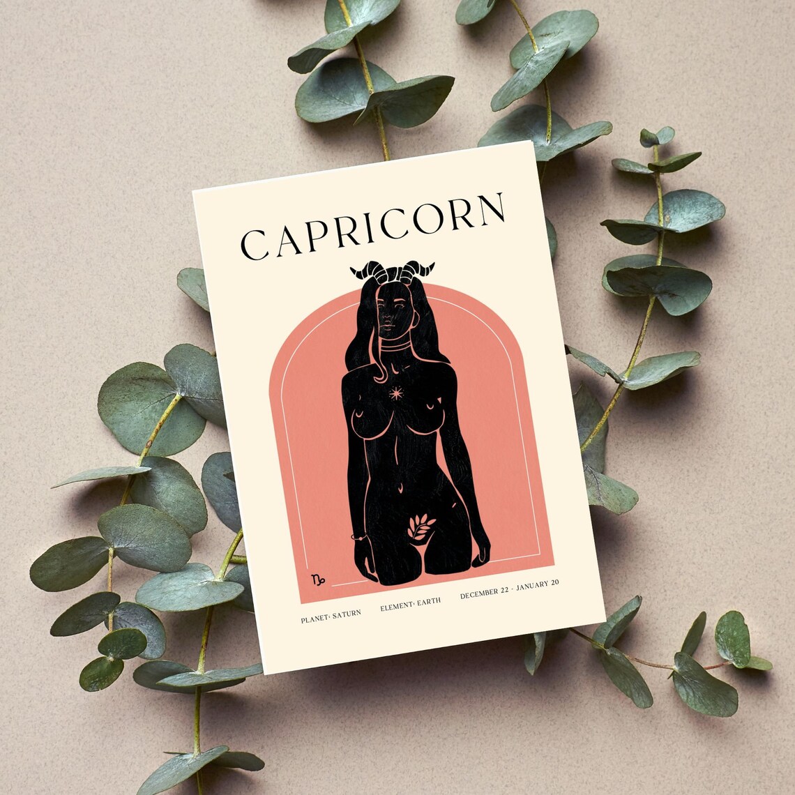 Capricorn Zodiac Sign Black Silhouette Horned Woman Art Poster - Image 2