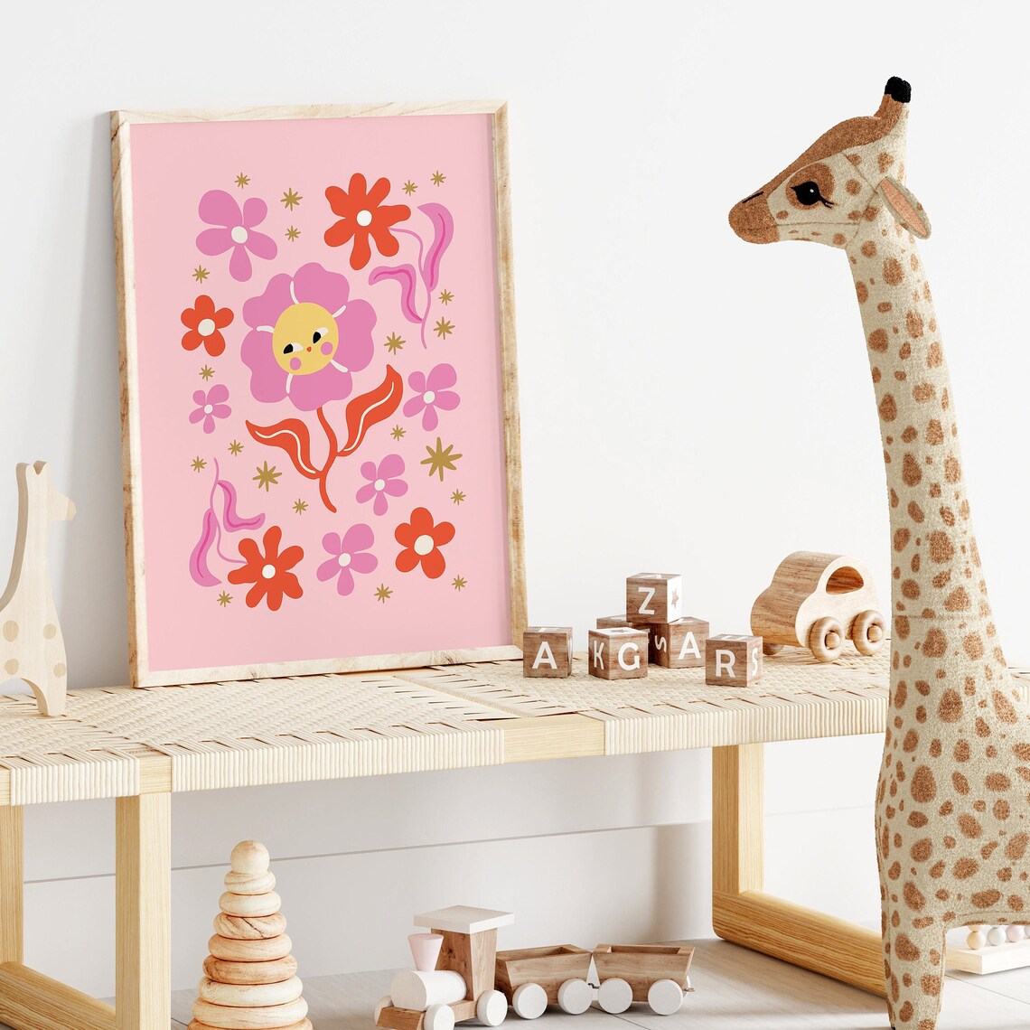 Pink Flower Retro Poster, Groovy Nursery Decor - Image 3