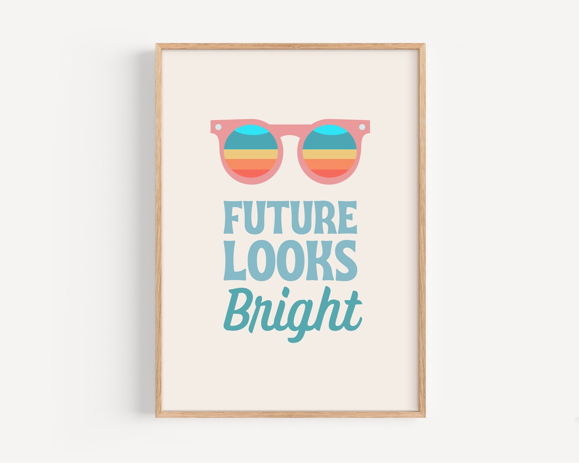 Retro Kids Poster Colorful Playroom Print Cute Rainbow Nursery Decor Future Looks Bright Phrase Groovy Sunglasses - Image 3