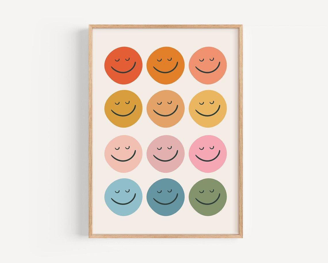 Retro Smiley Face Print, Boho Rainbow Nursery Art