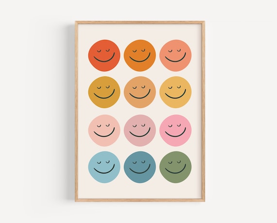 Retro Smiley Face Print, Boho Rainbow Nursery Art
