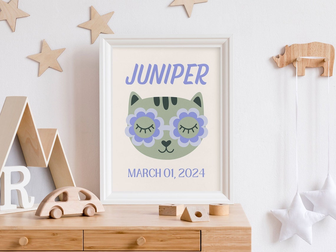 Juniper Personalized Name Birthdate Flower Cat Nursery Poster - Image 2