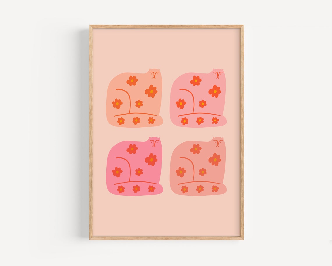 Cute Pink Cat Poster with Four Floral Pattern Cats in Kawaii Style - Image 5