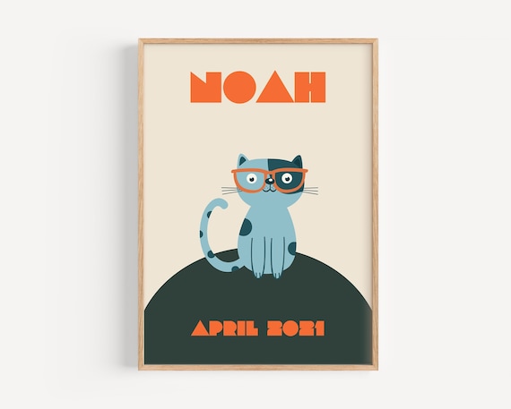 Custom Kids Name Cat Illustration, Nursery Art Print