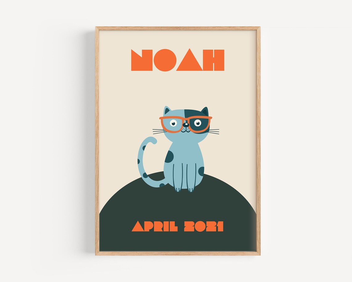 Custom Kids Name Cat Illustration, Nursery Art Print
