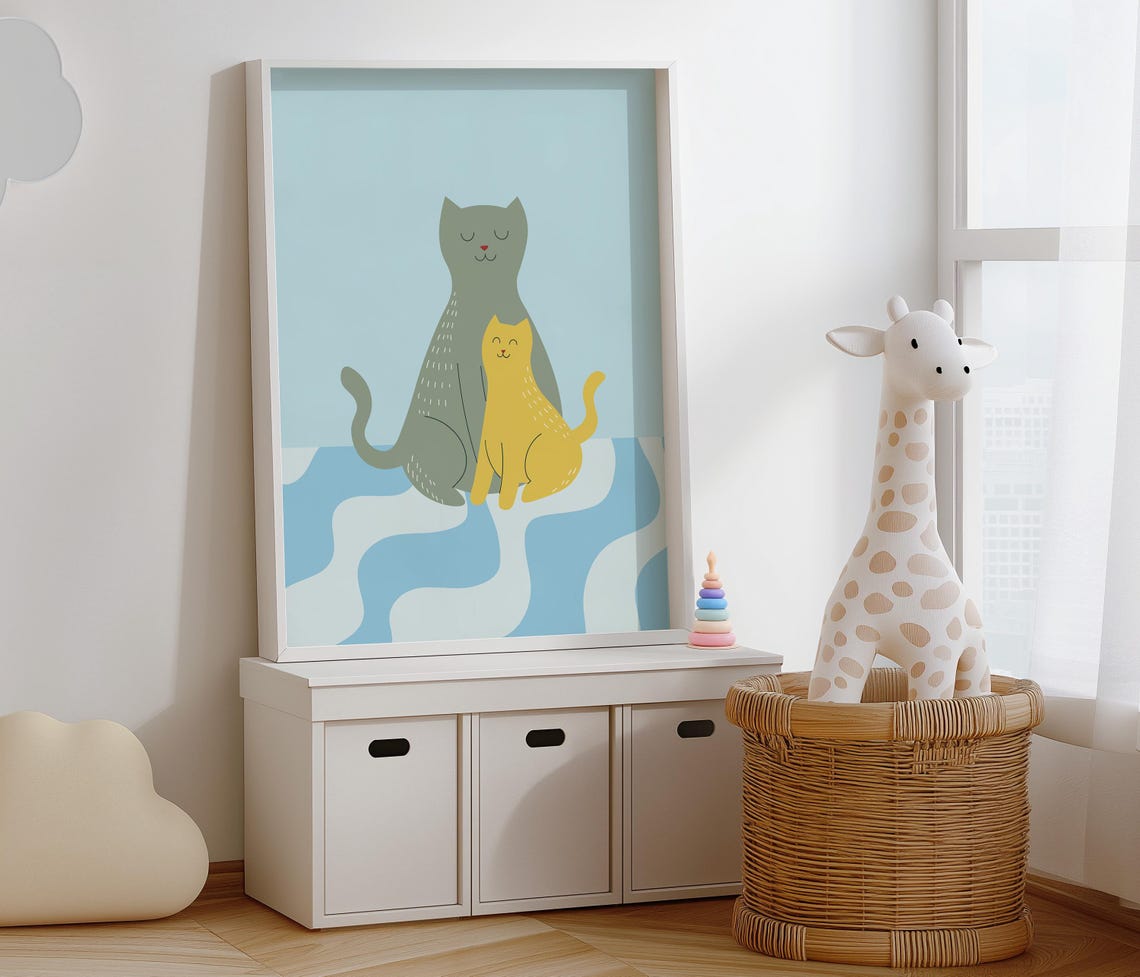 Two Cute Cats On Wavy Blue Retro Style Kids Nursery Decor Wall Art - Image 5