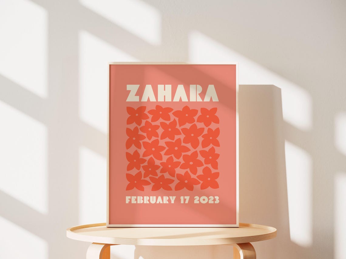 Zahara Personalized Name Birthdate Coral Floral Nursery Poster - Image 2