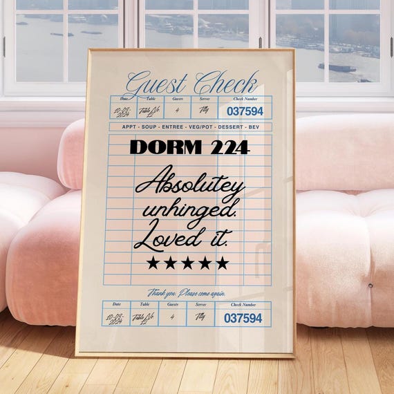 Custom Dorm Room Guest Check Art Funny College Wall Print 5 Star Review Poster Preppy Trendy