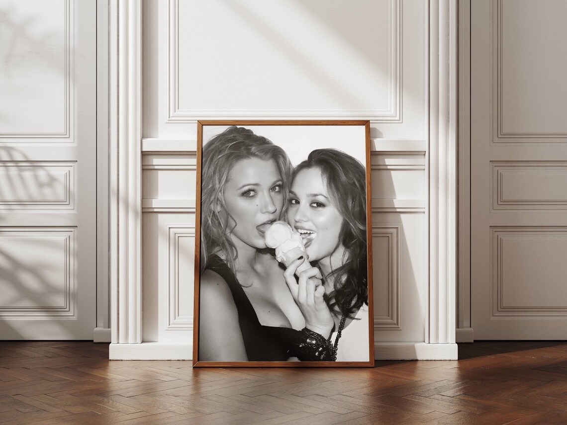 Best Friends Sharing an Ice Cream Cone Black and White Photo Poster - Image 2
