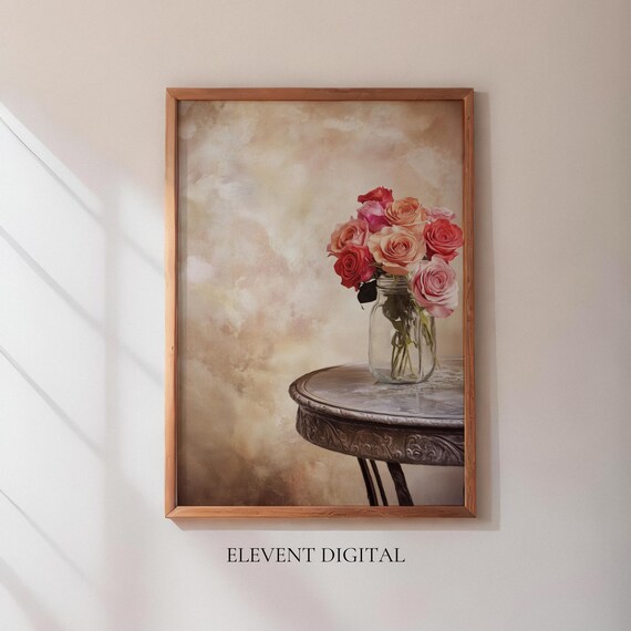 Rose Bouquet Glass Jar Vintage Table Floral Still Life Poster