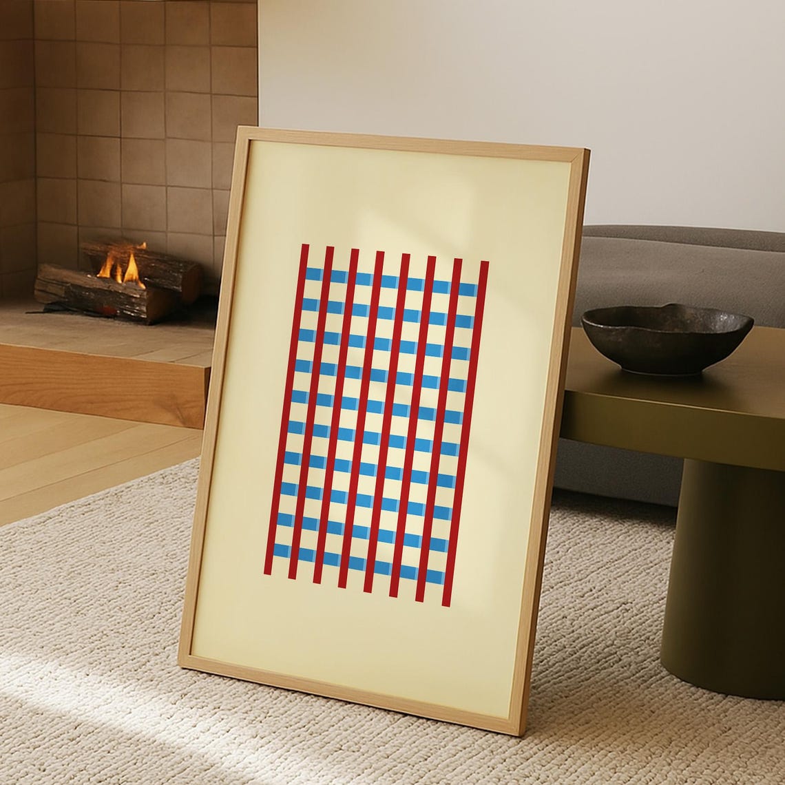 Buttermilk Grid Retro Red Blue Geometric Checkered Art Print