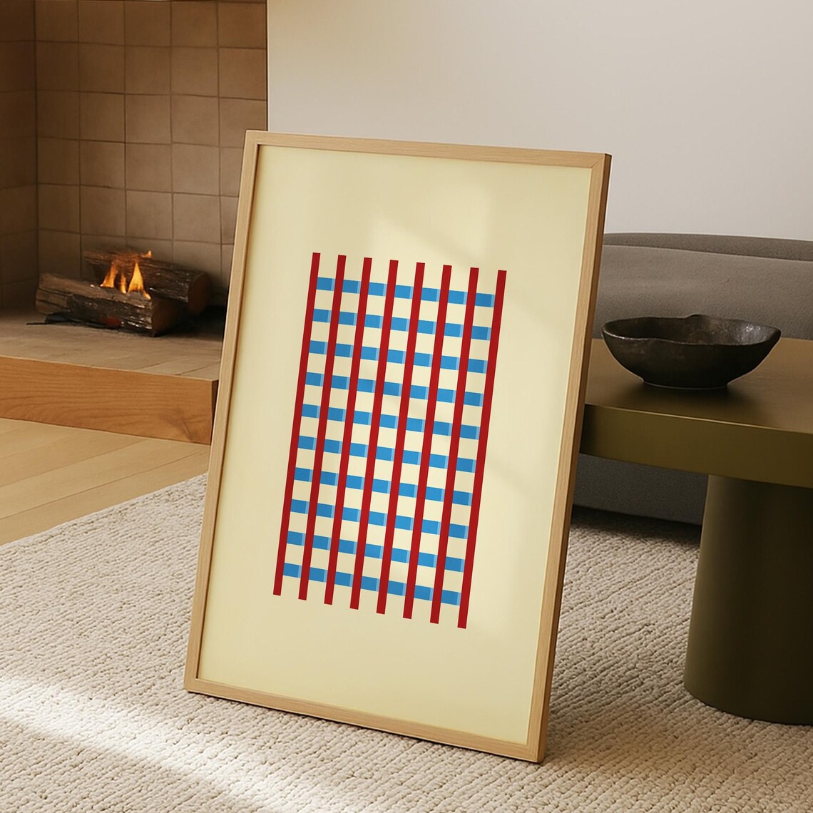 Buttermilk Grid Wall Art Retro Geometric Poster Red Blue Abstract Check Pattern Warm Minimalist Decor