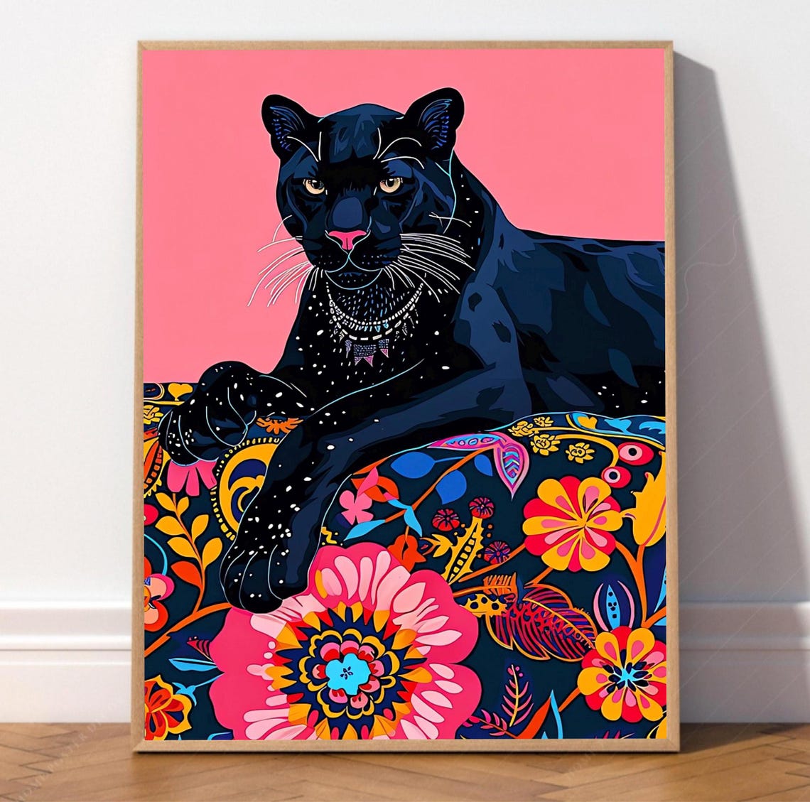 Black Panther On Floral Fabric Pink Background Maximalist Poster