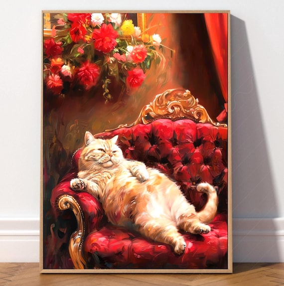 Chubby Cream Cat Lounging On Red Velvet Sofa Vintage Cat Poster