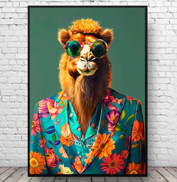 Funky Camel Sunglasses Colorful Floral Blazer Quirky Portrait Poster
