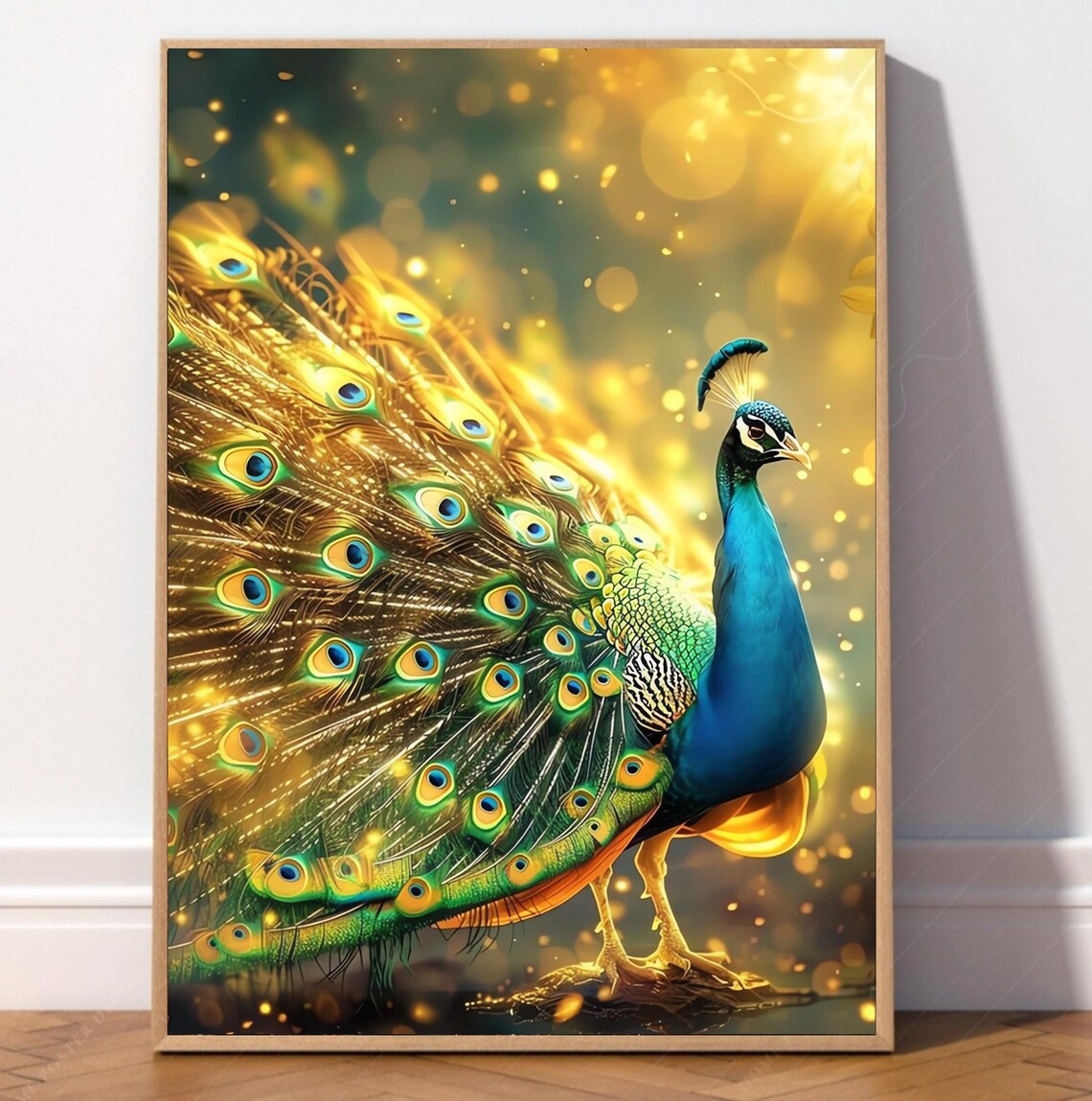 Golden Peacock Bird with Sparkling Gold Feathers Luxury Art Poster