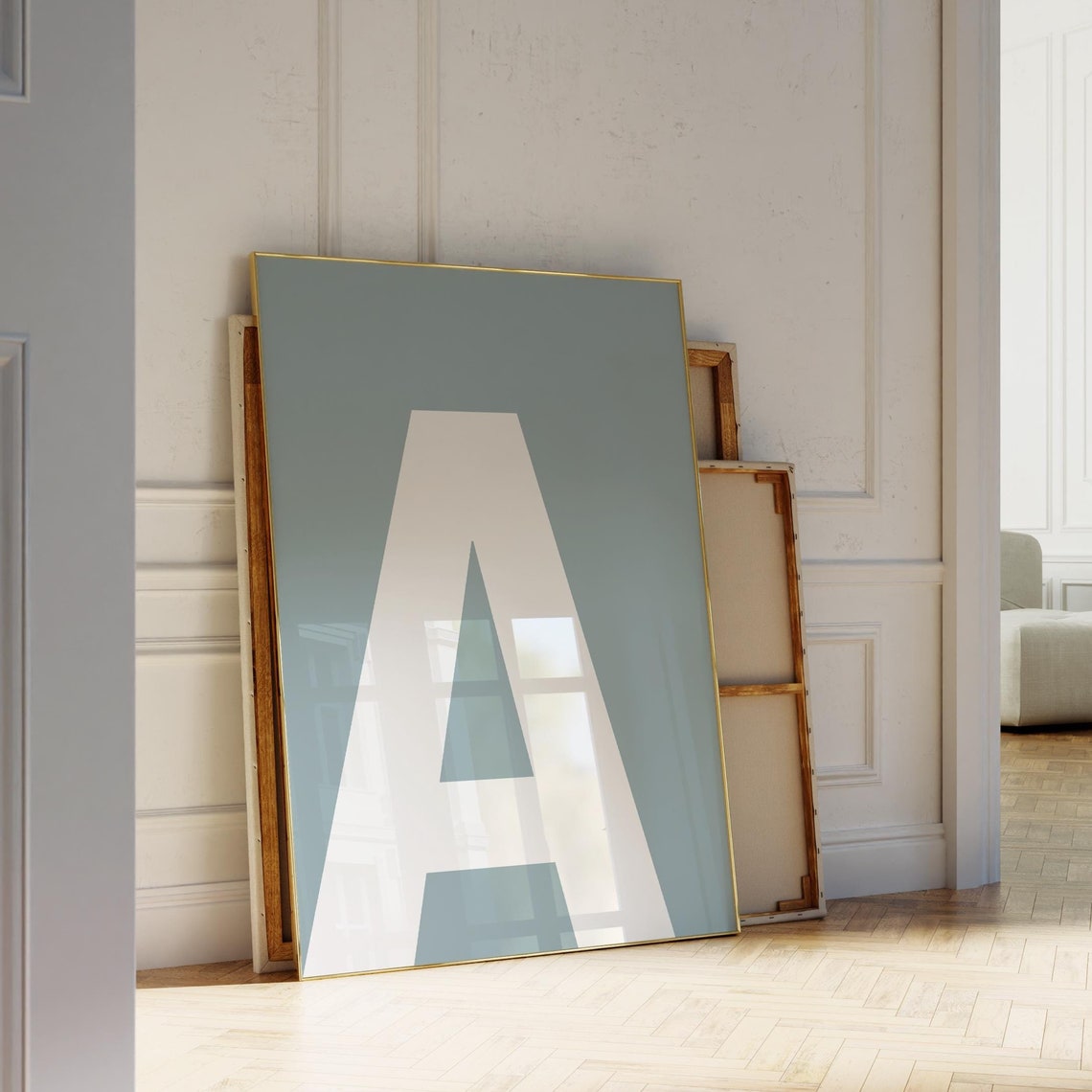 Bold Letter A Initial Dusty Blue Alphabet Kids Nursery Wall Art