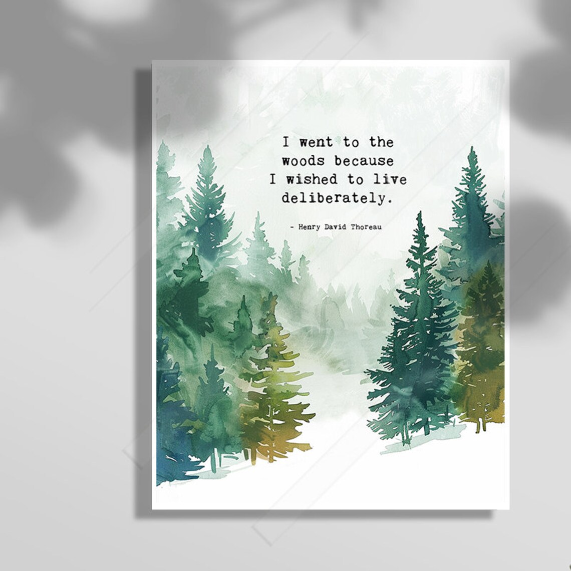 Henry David Thoreau Went To The Woods Quote Print Misty Pine Forest Watercolor Decor