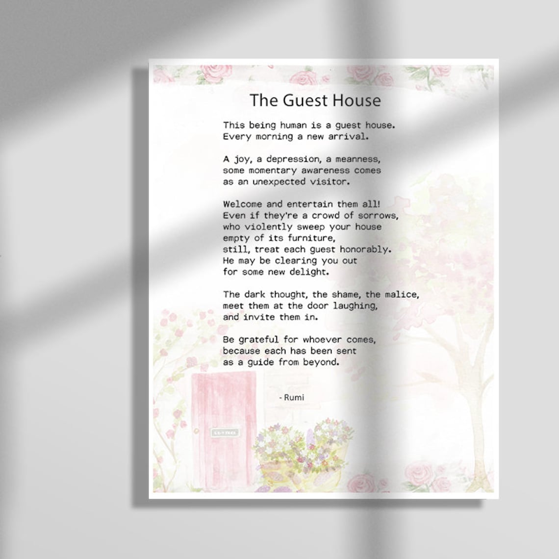 Rumi The Guest House Poem Pink Floral Watercolor Quote Art Poster